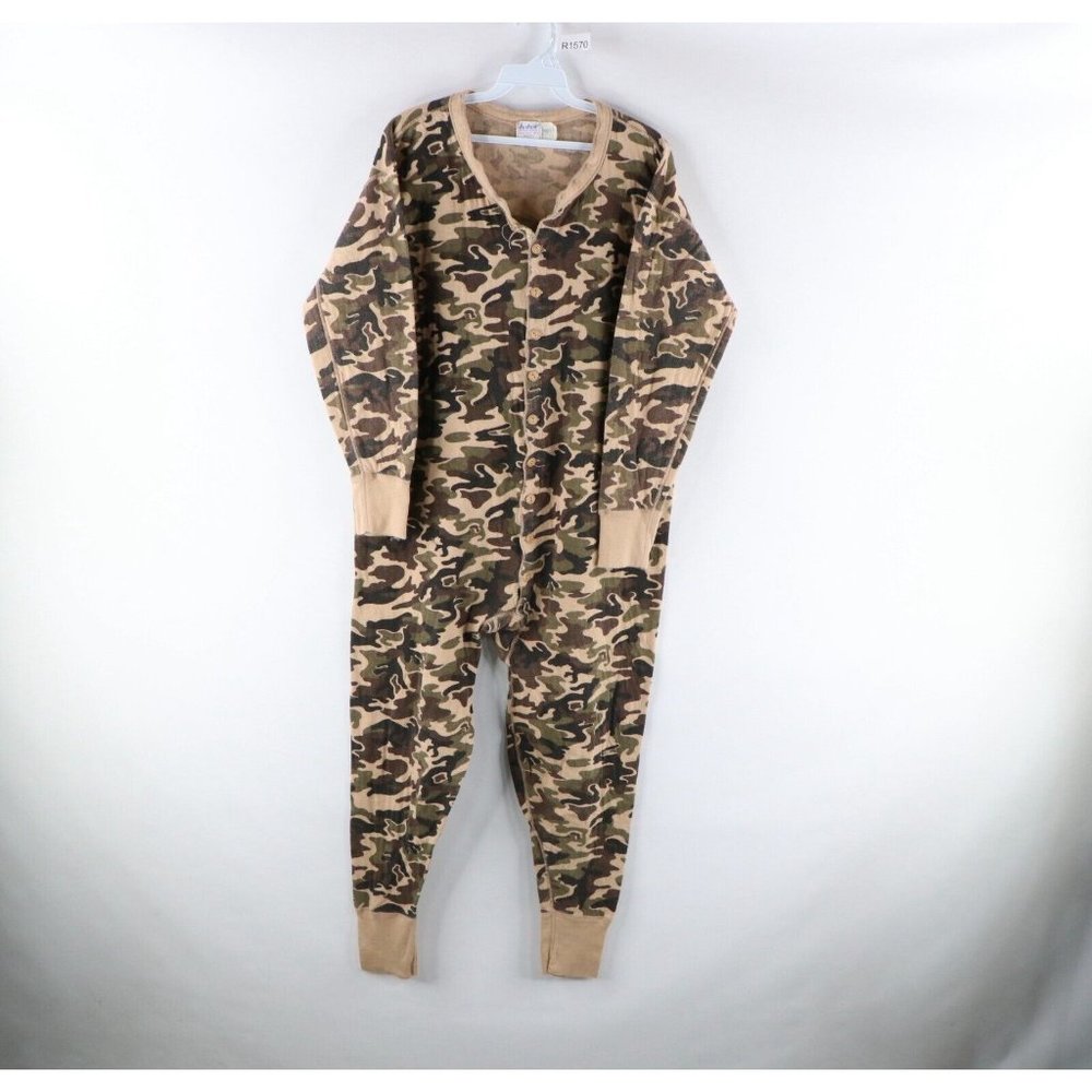 Vintage 70s Duofold Mens Dual Layer Wool Blend Camouflage Union Suit Hunting USA